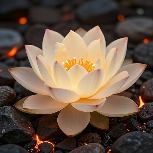 Luminous Lotus Bloom Amid Fiery Stones