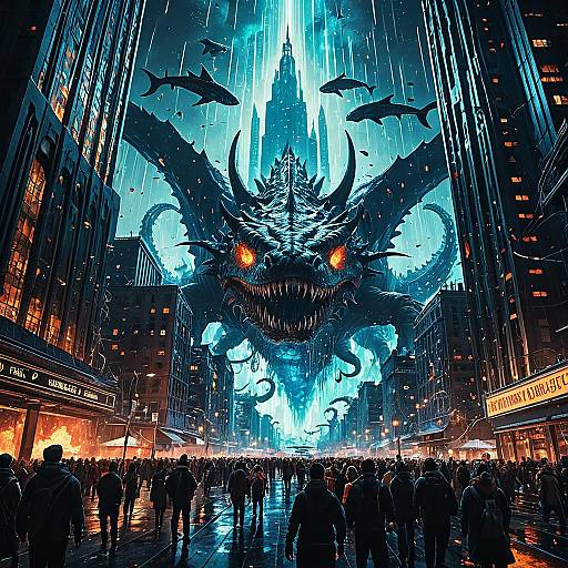 Giant Bioluminescent Leviathan Attacking Futuristic City