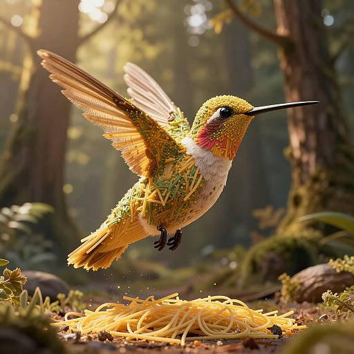Hummingbird Sculpted from Spaghetti Noodles