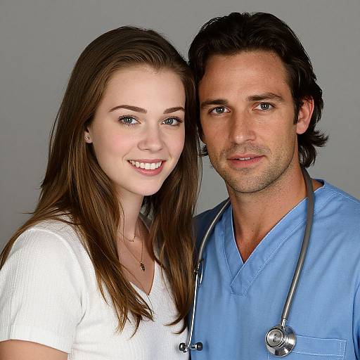 Photograph of a smiling young woman with long brown hair in a white shirt, and a middle-aged man with dark hair in blue medical scrubs,