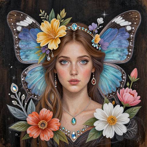 Digital painting of a fair-skinned, blue-eyed fairy woman with brown hair, blue butterfly wings, adorned with flowers, jewelry, and a crown.