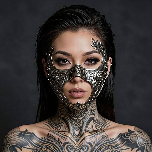 Photograph of a tattooed woman with long black hair, wearing an ornate silver masquerade mask, against a dark background.