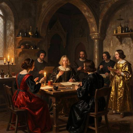 Renaissance-style painting: Six people in opulent, dark-colored Renaissance attire gather around a candlelit wooden table in a dimly lit, ar