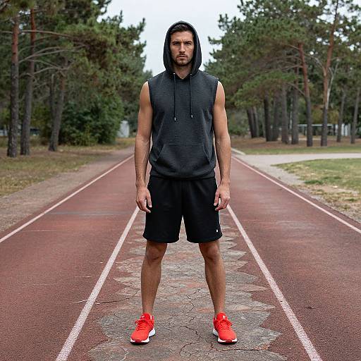 Photograph of a muscular man with dark hair and beard, wearing a black sleeveless hoodie, black shorts, and red sneakers, standing on a tree