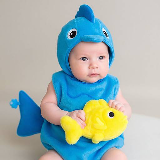 Photograph of a baby in a blue, shark-themed onesie with a fin and tail, holding a yellow plush fish toy.
