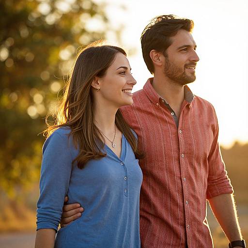 Photograph of a smiling couple; woman in blue long-sleeve shirt, man in red checkered shirt, standing outdoors at sunset.