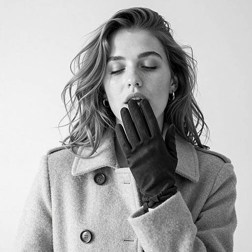 Black and White Portrait of Woman in Coat and Gloves