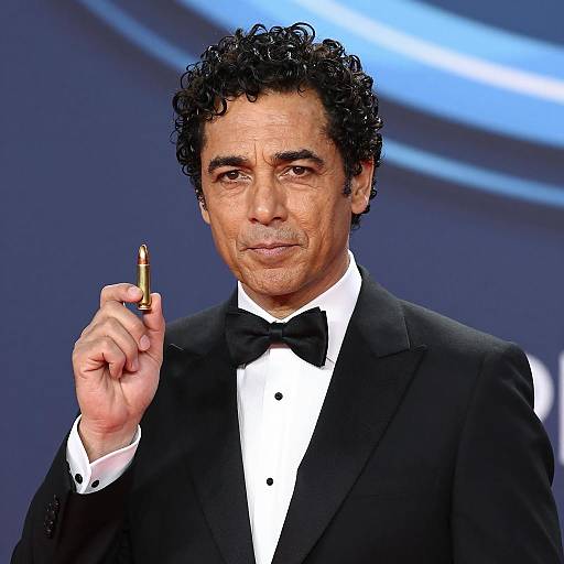 Intense Man in Tuxedo Holding Bullet