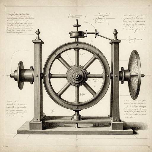 Vintage engineering drawing of a wooden-spoked flywheel machine, detailed with annotations, metal fixtures, and radial symmetry, in black and white.