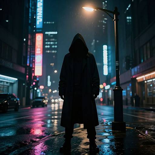 Silhouetted figure in a long, hooded coat stands on a neon-lit, rainy city street, glowing lights reflecting off wet pavement.