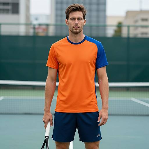 Photograph of a handsome, muscular man with short brown hair and beard, wearing an orange and blue tennis shirt and navy shorts, standing on a tennis