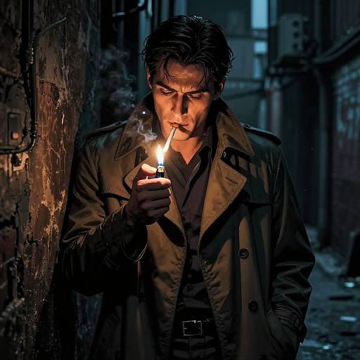 Dark alley at night, man with slicked-back hair, intense expression, lit cigarette, brown trench coat, gloomy blue lighting, shadows. Phot