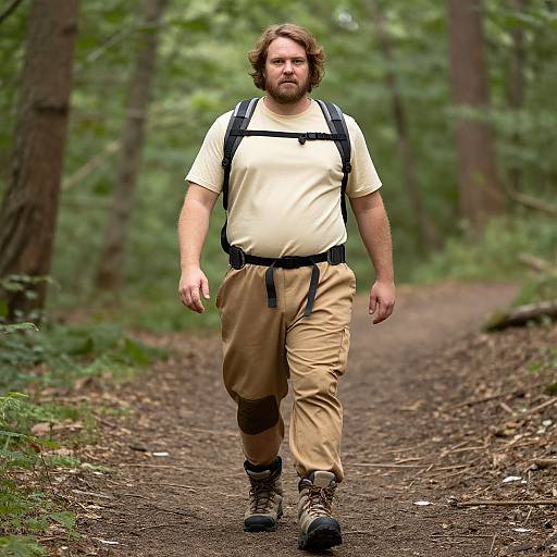 Photograph of a bearded man with shoulder-length brown hair, wearing a yellow shirt, beige cargo pants, black backpack, and hiking boots, walking