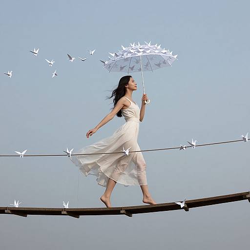 Photograph: Asian woman in flowing white dress walks barefoot on wire, holding umbrella with white bird cutouts, surrounded by flying birds against clear blue