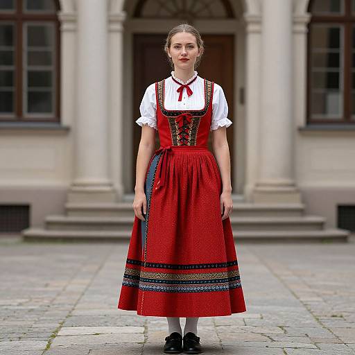 Photograph of a young woman with fair skin, brown hair in braids, wearing a red traditional European dress with white blouse and black shoes, standing