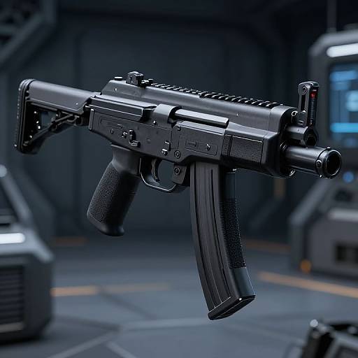Photorealistic CGI of a futuristic, black, assault rifle with a textured grip, mounted in a dimly lit, industrial setting.