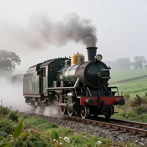 Photograph of a black steam locomotive with white wheels, emitting smoke, traveling through a green, grassy countryside on a gravel track.