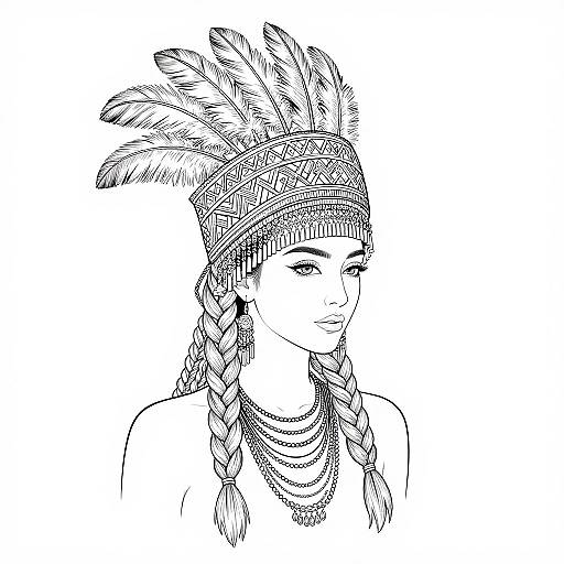 Black and white line drawing of a Native American woman with braided hair, feathered headband, multiple necklaces, and serious expression.