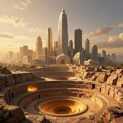 Photorealistic CGI: Ancient stone amphitheater in foreground, modern skyscrapers with a tall central building in background, golden sunset sky.