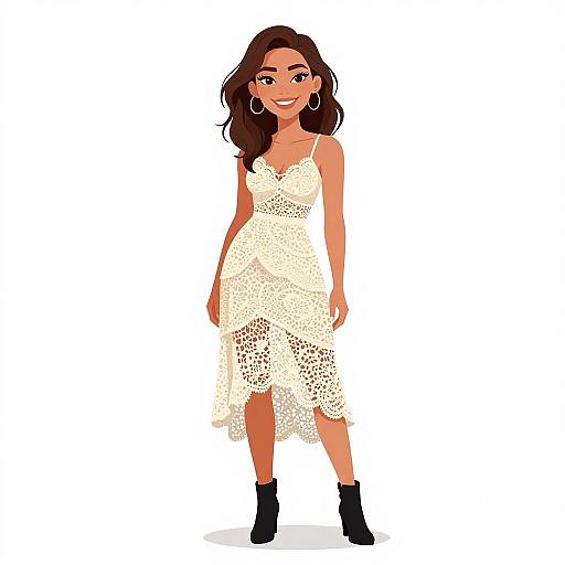 Digital illustration of a smiling, dark-haired woman in a white, lace, sleeveless dress and black ankle boots, standing against a white background.