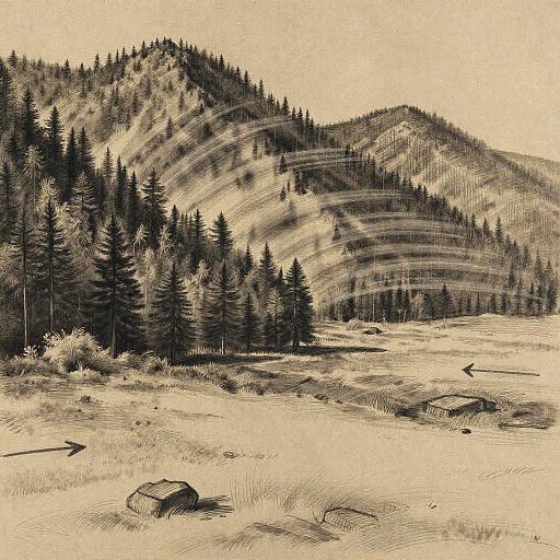 Sepia-toned pencil drawing of a mountainous forest landscape with dense trees, a rocky foreground, and two small, distant cabins.