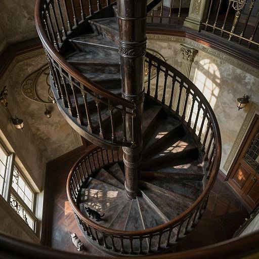 Art Nouveau Dark Spiral Staircase with Cat Shadows
