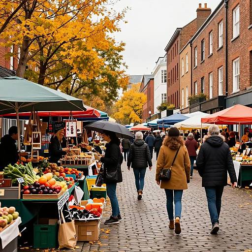 Photograph of a bustling outdoor autumn market with colorful umbrellas, vibrant fall leaves, and shoppers in coats browsing fresh produce stalls on a cobblestone