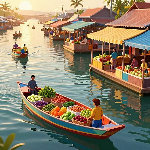 Vibrant digital painting of a tropical floating market at sunset, featuring colorful boats with fresh produce, wooden stalls, and palm trees.