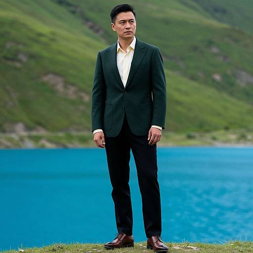 Photograph of an Asian man in a black suit, white shirt, standing by a blue lake, with green hills in the background.