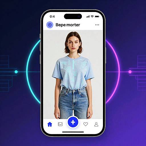 Photograph of a smartphone screen displaying a young woman with light brown hair, wearing a light blue shirt and high-waisted jeans, against a dark