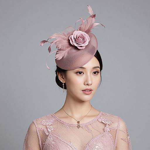 Photograph of an Asian woman with fair skin, wearing a sheer pink lace dress and a pink hat adorned with a flower and feathers, against a gray