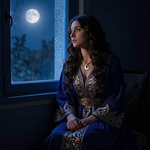 Photograph of a young woman with long, wavy dark hair, wearing an ornate, dark blue robe with gold embroidery, sitting by a moon
