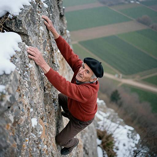 Intense Elderly Man on Snowy Rock Face