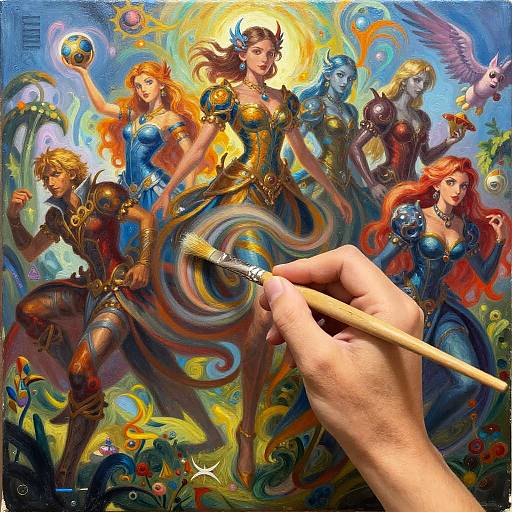 Fantasy Characters Emerging from Canvas Painting