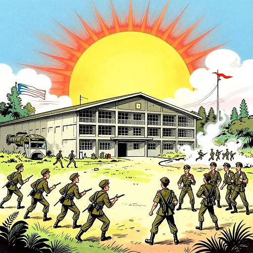 Digital comic-style illustration of soldiers in green uniforms rushing towards a large, sunlit, multi-story building with a red flag, under a bright yellow sun