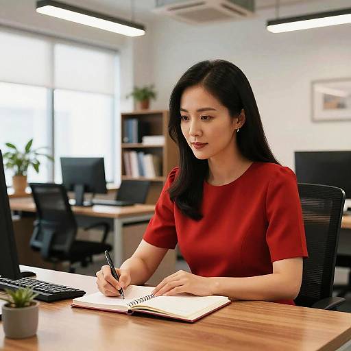 Photograph of an Asian woman with long black hair, wearing a red short-sleeve shirt, writing in a notebook at a modern office desk.