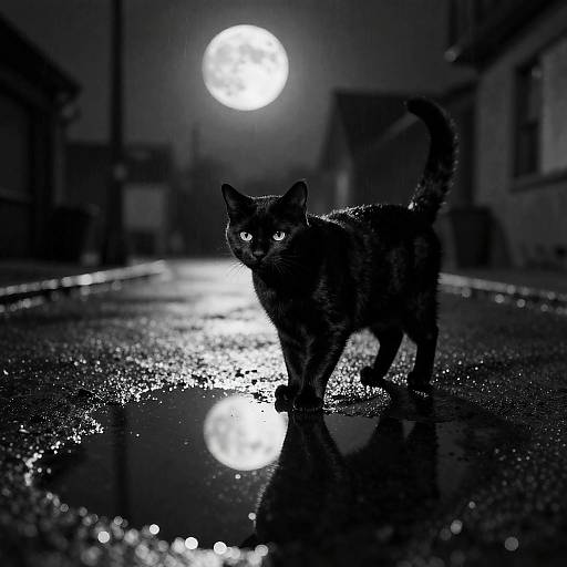 Moonlit Noir Cat in Rain-Slick Puddle