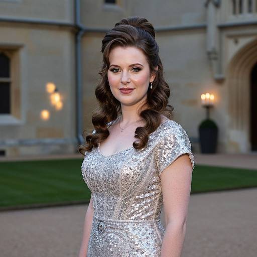 Photograph of a smiling woman with wavy brown hair, wearing a sparkling silver sequin dress, standing in front of a historic stone building.