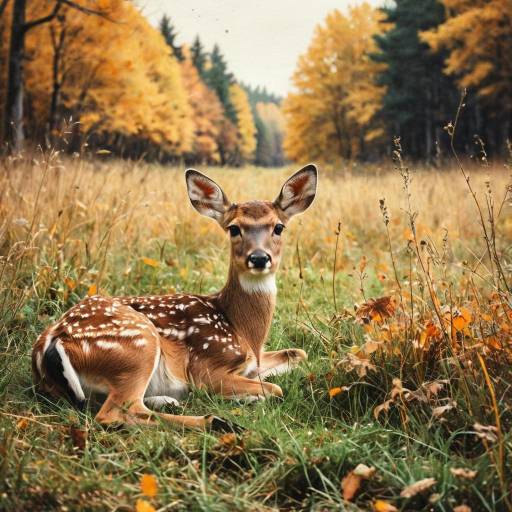 Fawn lying in autumn meadow
