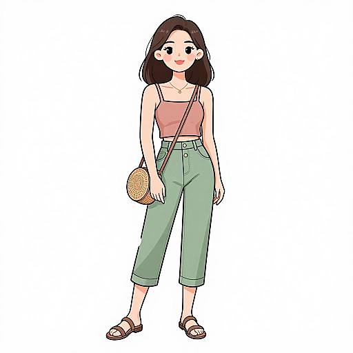 Digital illustration of a cute, smiling Asian woman with straight black hair, wearing a pink crop top, high-waisted green pants, and sandals,