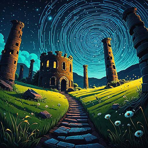 Ruins and Meadow Under Starry Spiral Sky