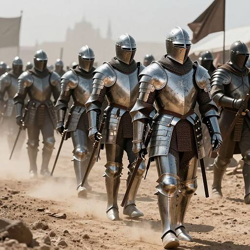 Photograph of a group of armored knights in shiny silver plate armor walking through dusty, sunlit battlefield, holding swords, with blurred tents in the background