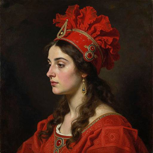 Photorealistic portrait of a pale-skinned woman with dark wavy hair, wearing a red, ornate headdress, earrings, and red robe