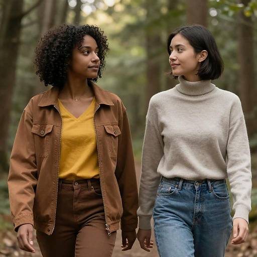 Two Women Walking in Forest Holding Hands