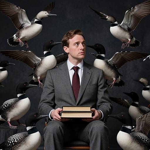 Photograph of a serious man in a gray suit, holding books, surrounded by flying black-and-white birds against a dark background.