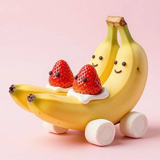 Photograph of two yellow bananas with smiling faces, topped with white whipped cream and red strawberries, sitting on white egg halves against a white background.