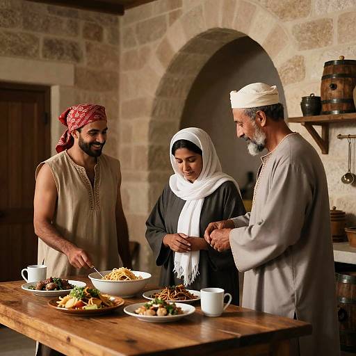 Three People in Rustic Kitchen Scene