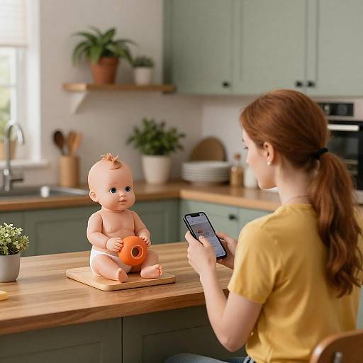Woman Using Phone Beside Baby Doll in Modern Kitchen