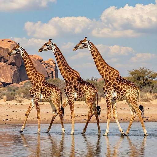 Photograph of three giraffes with brown and white spotted coats walking across a shallow river in a sunlit, rocky savanna landscape with blue sky