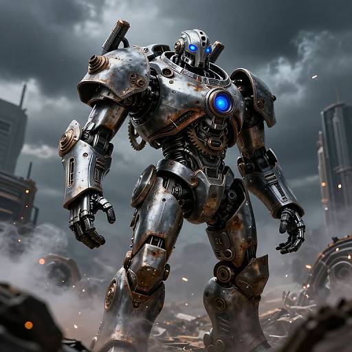Photorealistic CGI of a towering, metallic, cybernetic warrior with glowing blue eyes and chest, standing amidst a stormy, ruined cityscape